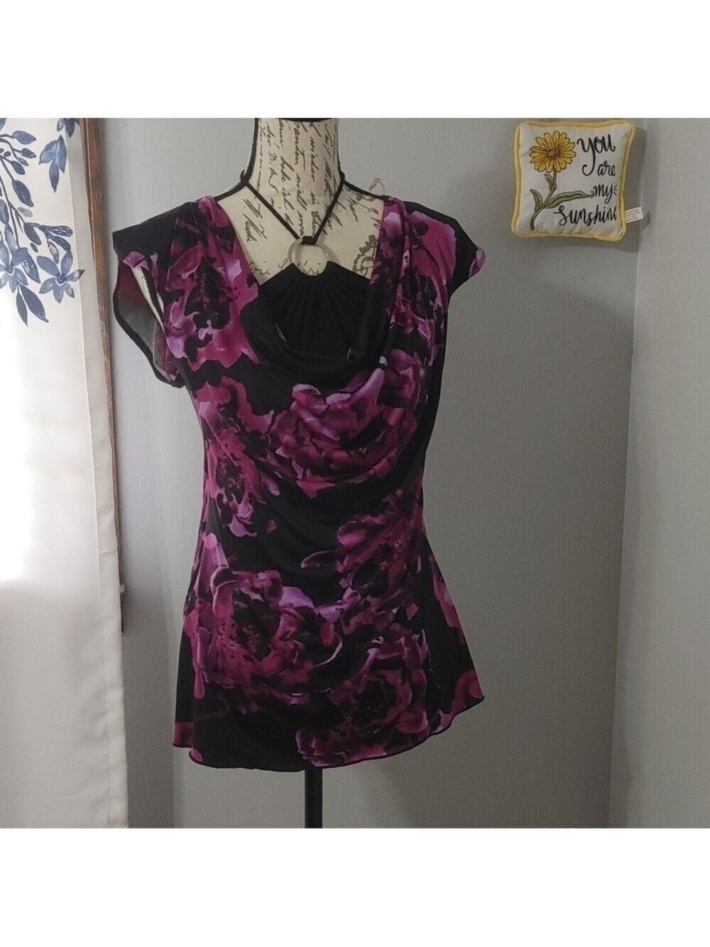 Vintage 90s Y2K Studio Y Unique 2 Layer Top Purple Flower and Black Small Cute!